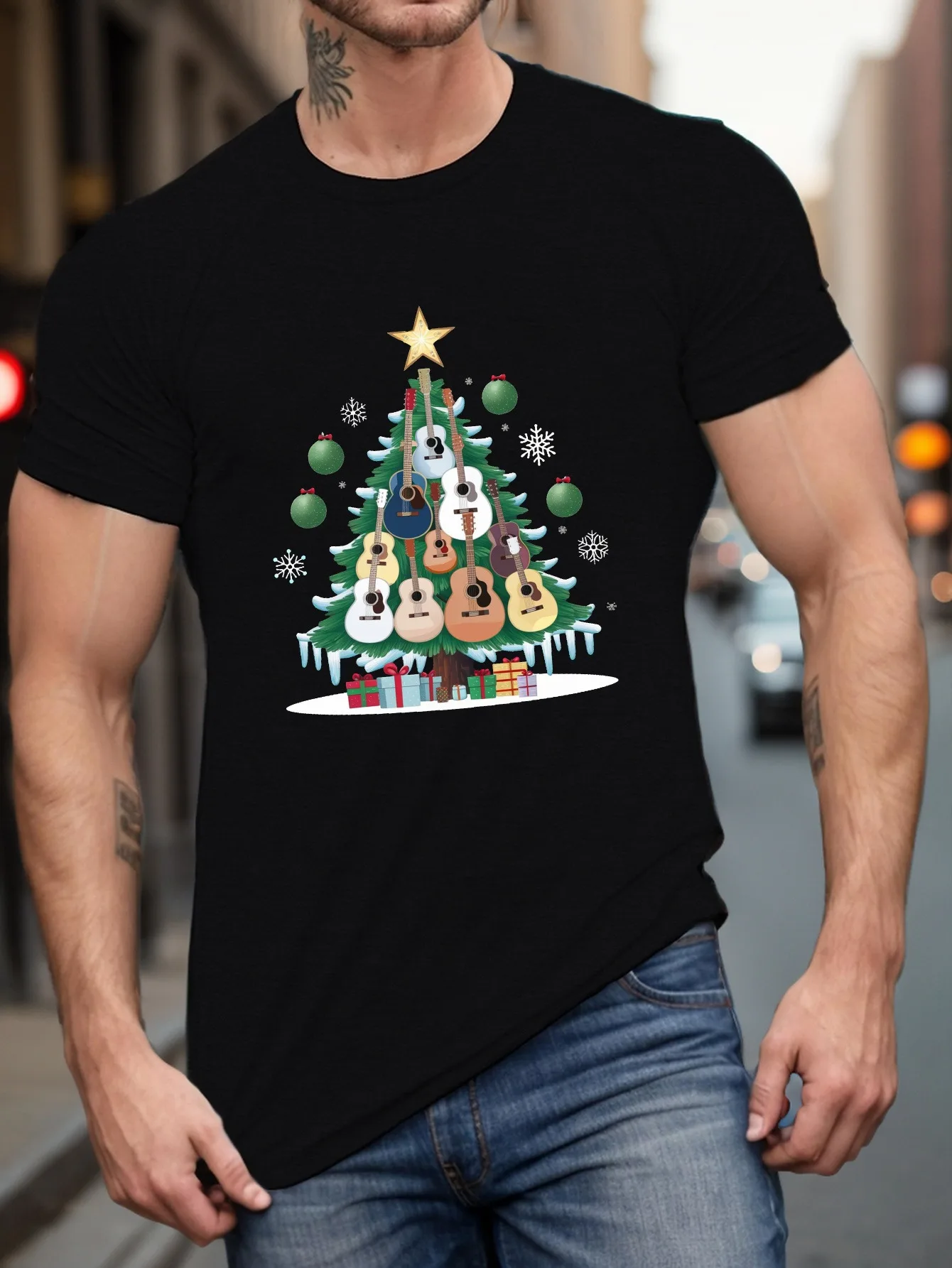 

Big & Tall Christmas Guitar Tree T-Shirt - Men's Plus Size Music Note Holiday Casual Tee