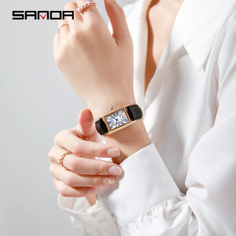 Sanda 1116 New Fashion 2024 Elegant Design Rectangle Dial Water Resistant Quartz Movement Business Women Analog Wrist Watch