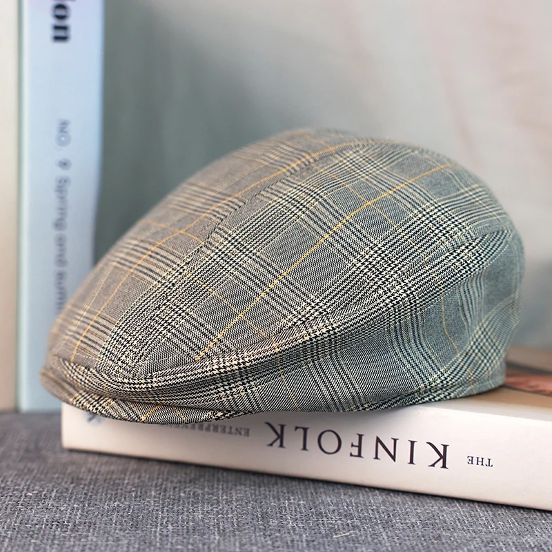 New Men Grey Plaid Newsboy Hats Unisex’s Retro Berets Breathable Absorbent  Spring Autumn Outdoor Casual Street Hats A-53