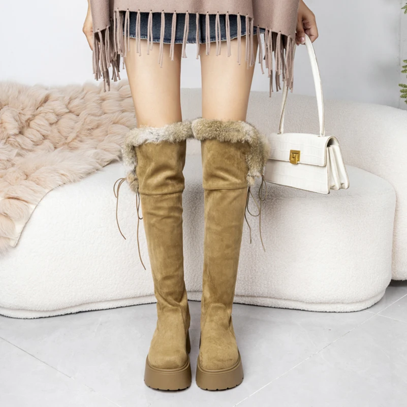 Women Genuine Rabbit Fur Real Suede OTK Boots Platform Thick Sole HeightIncrease LaceUp FallWinter Snow Boots Black Brown