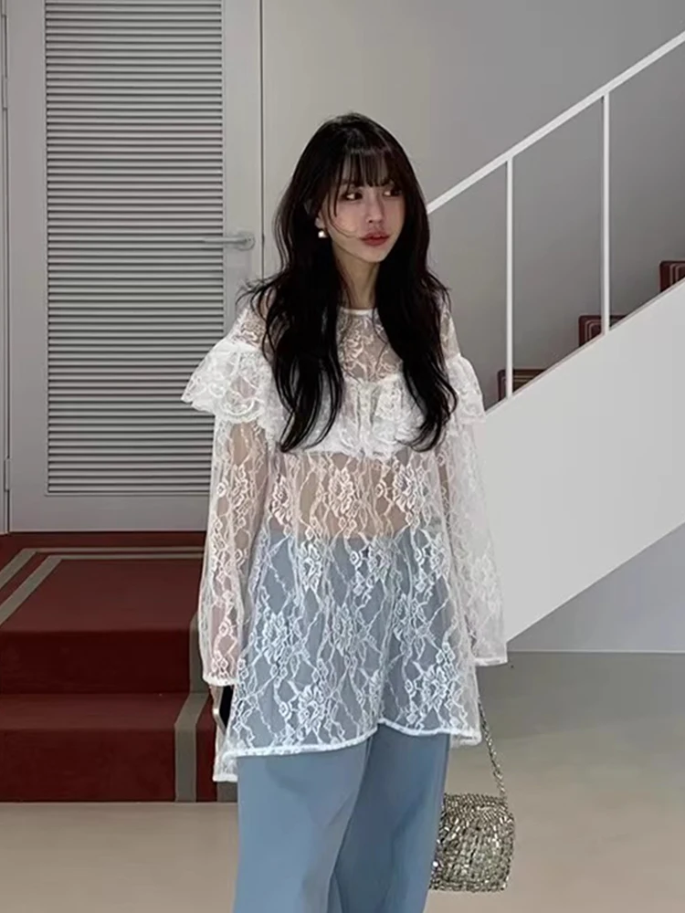 

Кружевная женская весенняя новая дизайнерская чувственная микропрозрачная кружевная блузка из хлопка 00% длинная све круглая Ne Pure Color