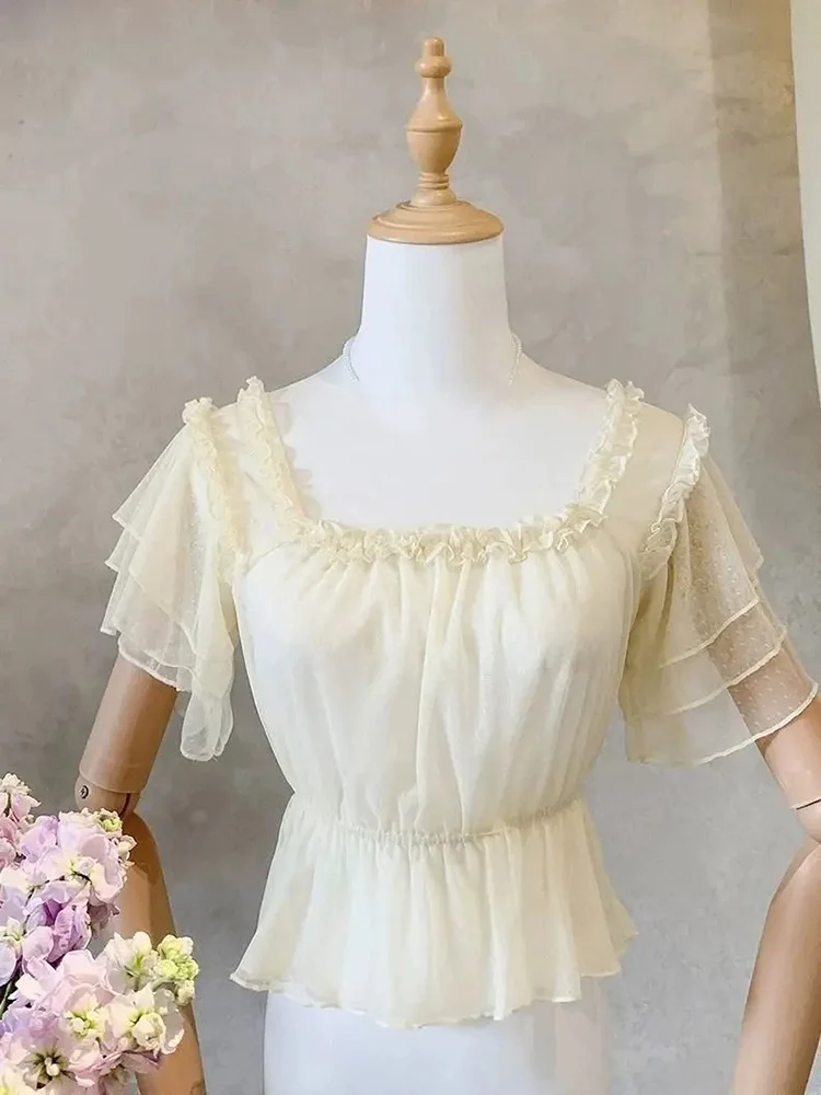 

Sweet Shirts Women's Clothing 2025 Camisas De Mujer Slash Neck Puff Sleeve Blouse Crop Tops Ruffles Summer Cute White Blouses