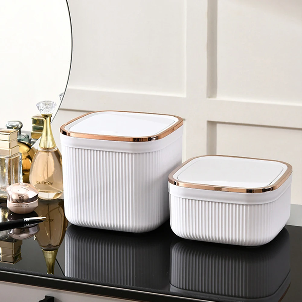 Mini Small Waste Bins with Cover Light Luxury Desktop Trash Can with Lid Garbage Basket Office Supplies Dustbins Sundries Box