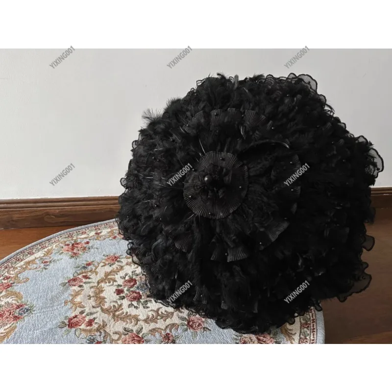 

Handmade Dark Feathers Lace Trim Gothic Lolita Umbrella for Wedding Photography Unique Parasol Accessory