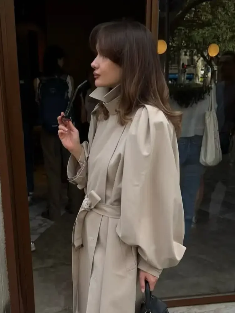 

Women Fashion Solid-color Long Trench Coat Elegant Long-sleeved Lapel Collar Belt Jacket 2026 New Lady Chic Street Outerwear