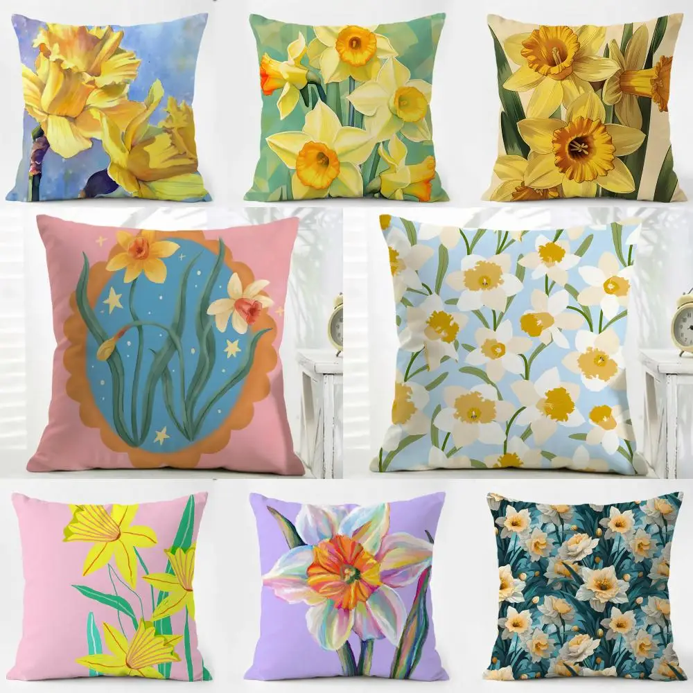 Spring Floral Symbols Daffodil Narcissus Cushion Cover Washable Linen Pillowcase Soft  for Daily Sofa Bed Home Room Decor