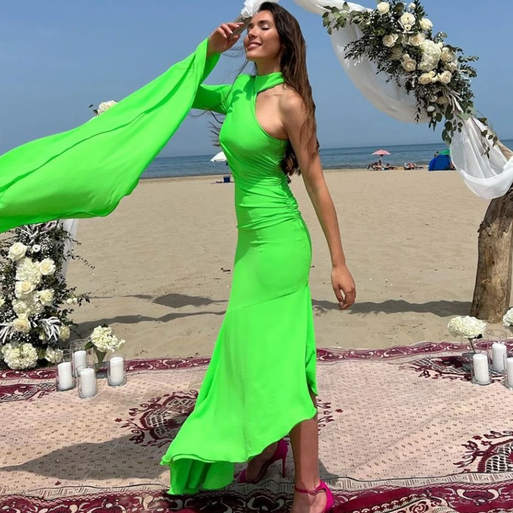 Bright Green One Shoulder Long Sleeve Ankle Length Chiffon Evening Dress Sexy Maxi Dresses For Beach Party Custom Made Prom Gown