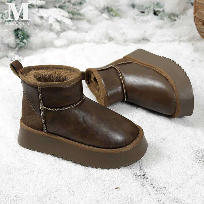 Flats Women Platform Boots Ankle Snow Mid Heels Leather Warm Short Shoes Winter Woman New 2025 Trend Cozy Walking Botas De Mujer