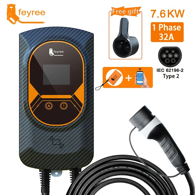 Feyree EVSE Wallbox J1772 Adaptador tipo 1, Cable 32A, 7.6KW EV, cargador tipo 2, estación de carga Wallmount, Control por aplicación para coche