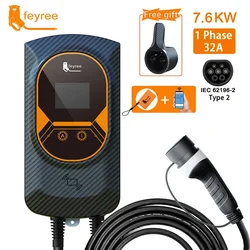 Feyree EVSE Wallbox J1772 Adaptador tipo 1, Cable 32A, 7.6KW EV, cargador tipo 2, estación de carga Wallmount, Control por aplicación para coche eléctrico