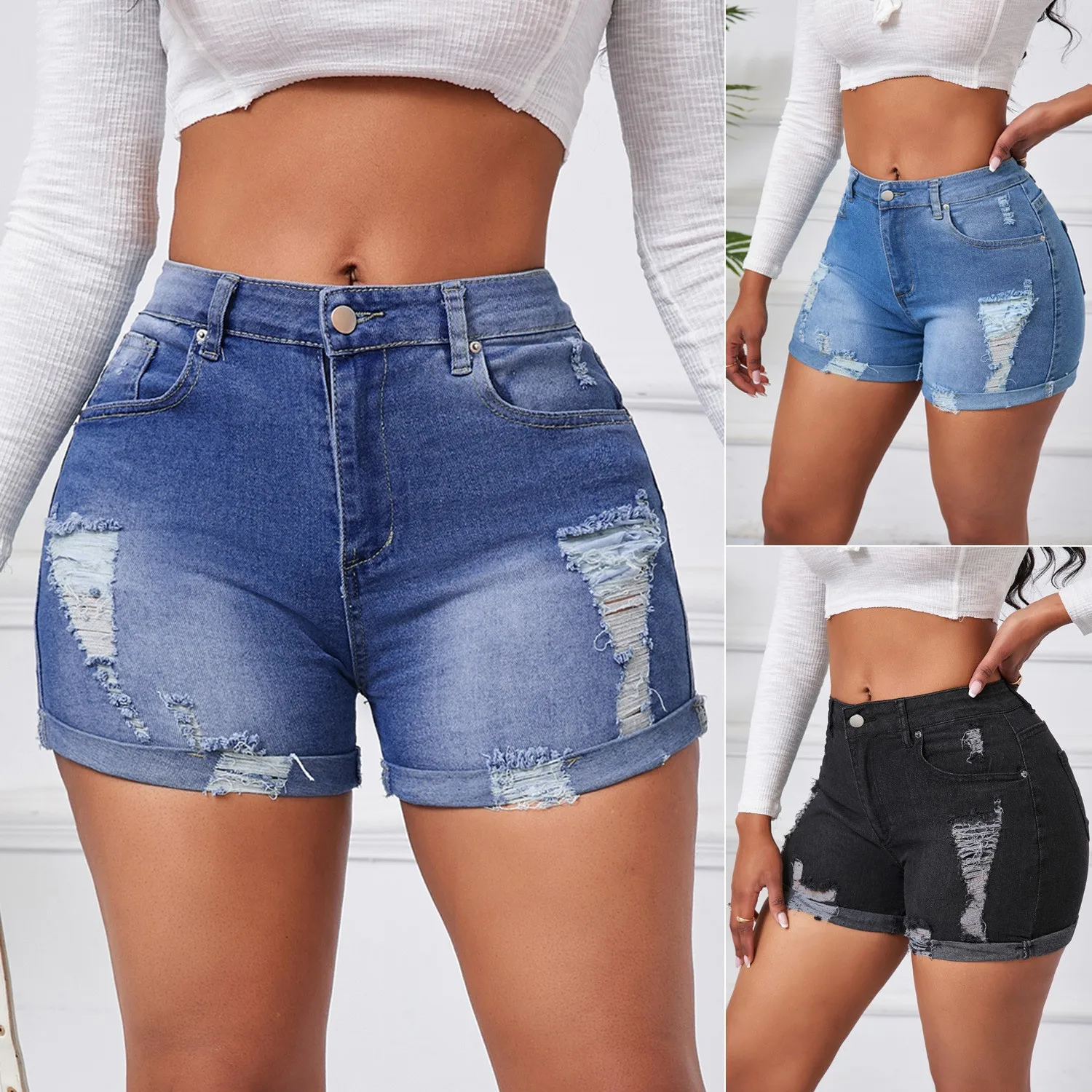 Shorts Denim Frayed - Distressed High Waist Jeans with Straight