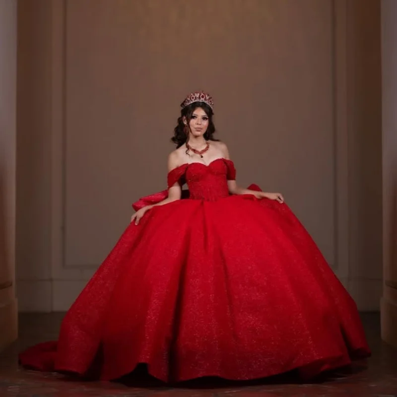 Personalizado brilhante vermelho quinceanera vestidos fora do ombro lantejoulas cristal camadas arco cauda longa vestido 15 quinceanera