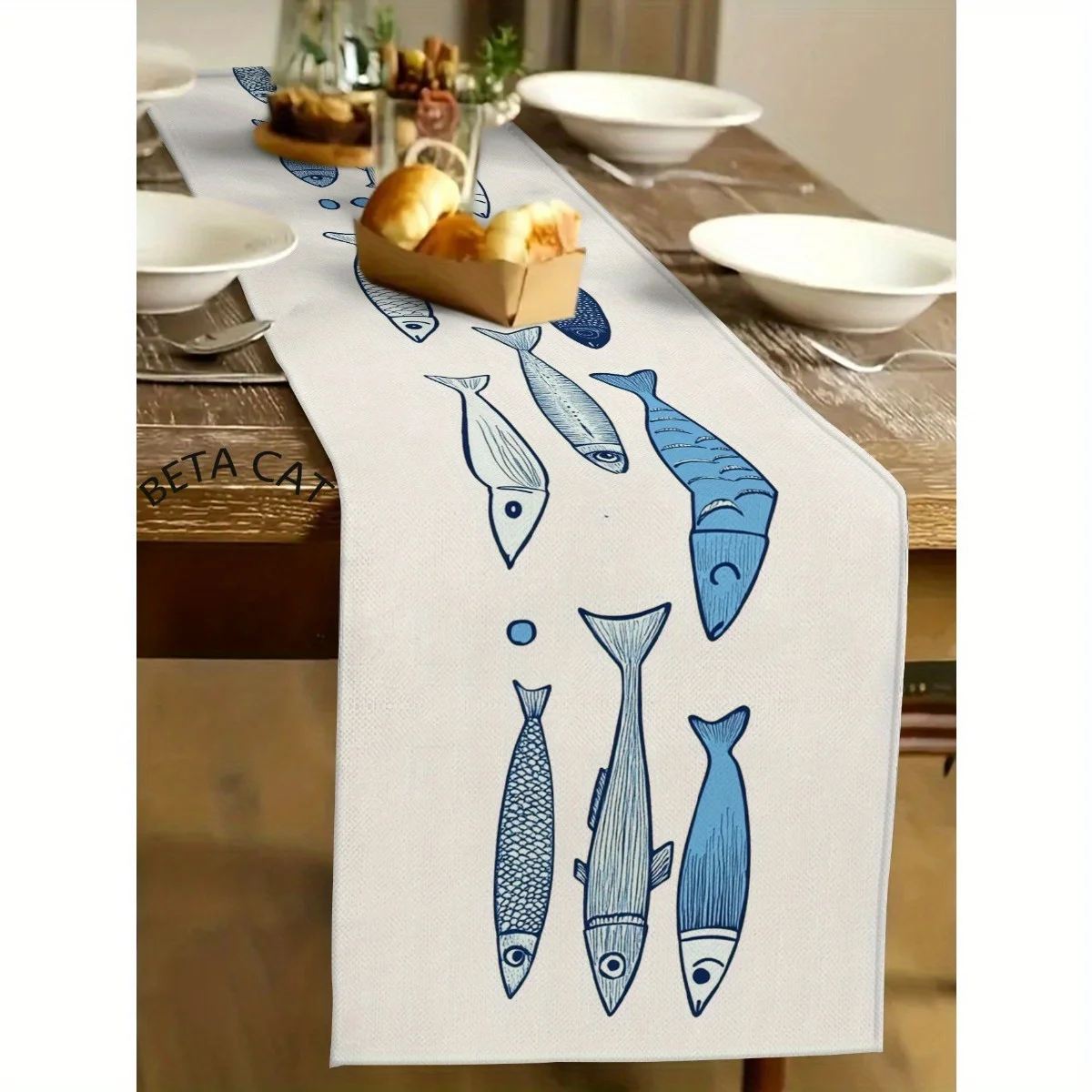 Ocean Theme Geometric Fish Table Runner - Indoor Outdoor Home Kitchen Party Restaurant Decor