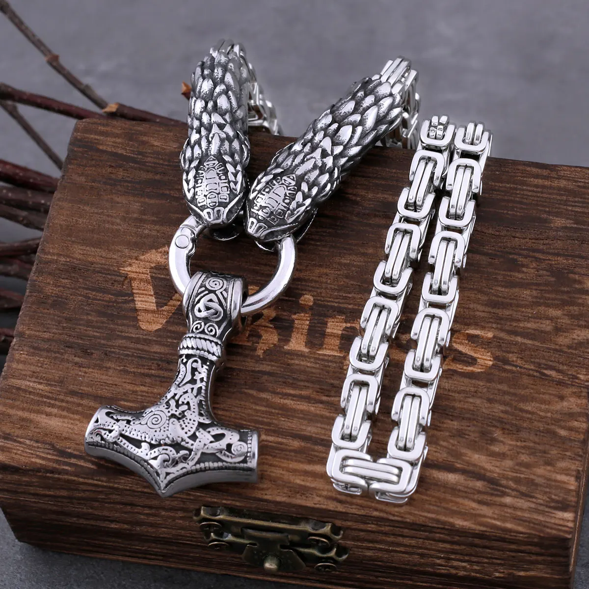 

Men's Stainless Steel Viking Thor's Hammer Punk Pendant Snake Head Square Necklace Hip Hop Biker Fashion Vintage Jewelry as Gift