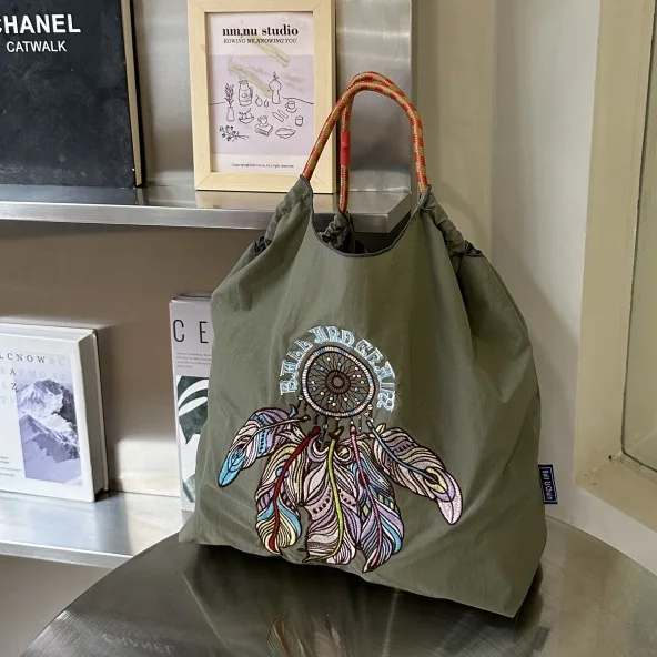 Japanese for Hand Bag Oxford Cloth Embroidery Nylon Shopping Bag Portable Shoulder Bag Korea Bag Foldable Bag Feather Embroidery