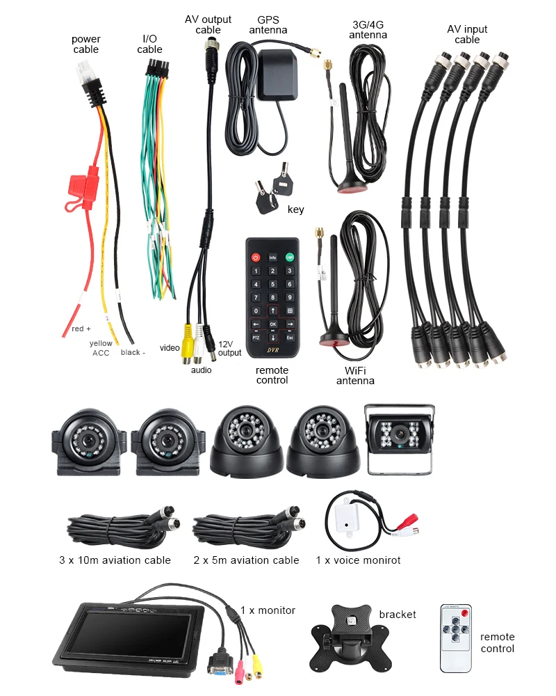 Surveillance Camera System With 8CH 4G WiFi GPS 1080P AHD HDD Mobile DVR 7 Inch VGA And 5 IR Waterproof Cameras