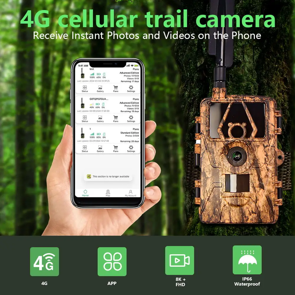 

8K Video PR801G Hunting Camera 4G LTE 60MP Photo Night Infrared IP66 Waterproof Trail Camera Animal Tracking House Security