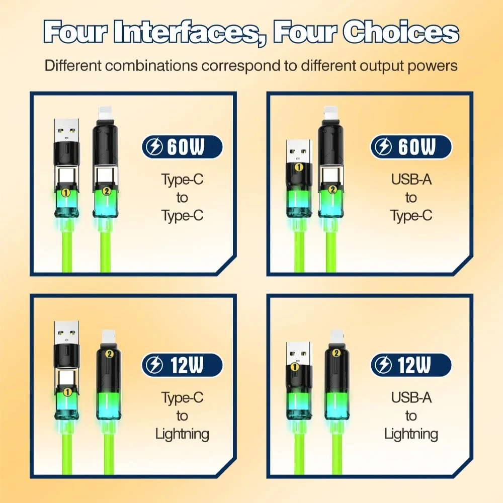 Soft Rubber Colorful 2-for-2 Super Fast Charging Indicator Light Column Line Suitable for Type-c 4-in-1 Fast Charging Data Cable