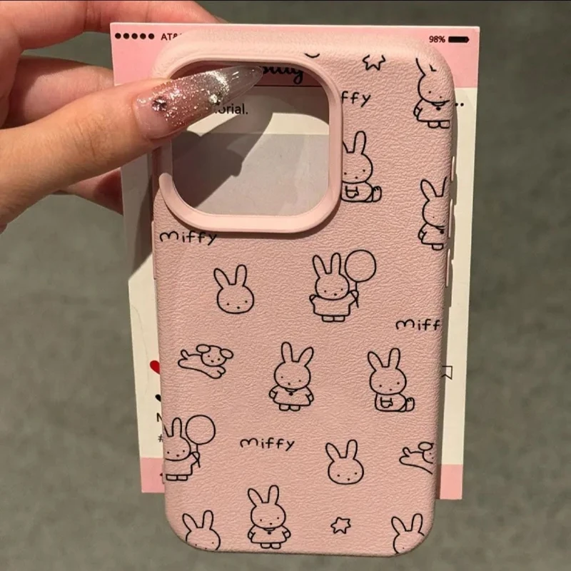 

Miffy Case Litchi Texture Soft Shell for IPhone 16 Pro Max 15/14 Series Cute Cartoon Slim Shockproof Mobile Phone Cover Gift