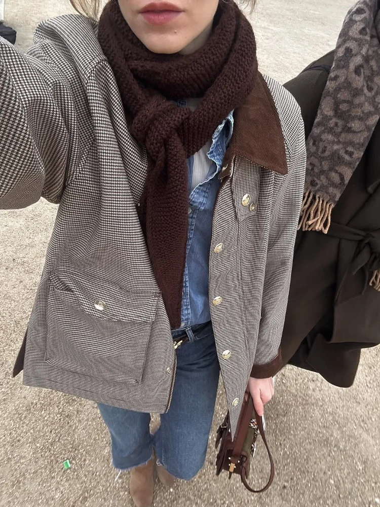 Veste à carreaux manteau femmes vintage boutons poches plaquées femmes coupe ample manteaux courts début automne décontracté vêtements d'extérieur à la mode