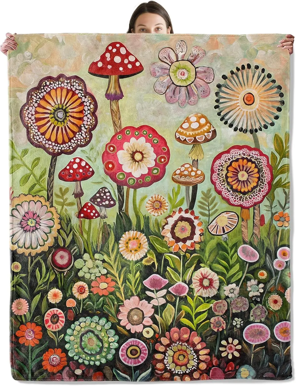 

Whimsical Floral Blanket, Cozy Flannel Colorful Flowers & Mushroom Throw Blanket for Couch Outdoor,Plush Soft Lightweight Travel