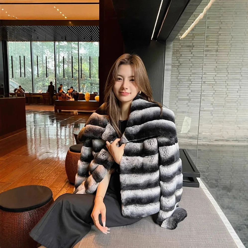 Firmranch Autumn Winter New Striped Totoro Faux Fur Jakcets Ladys' Fashion Large lapel Elegant Short Coat Chic And Warm Wear