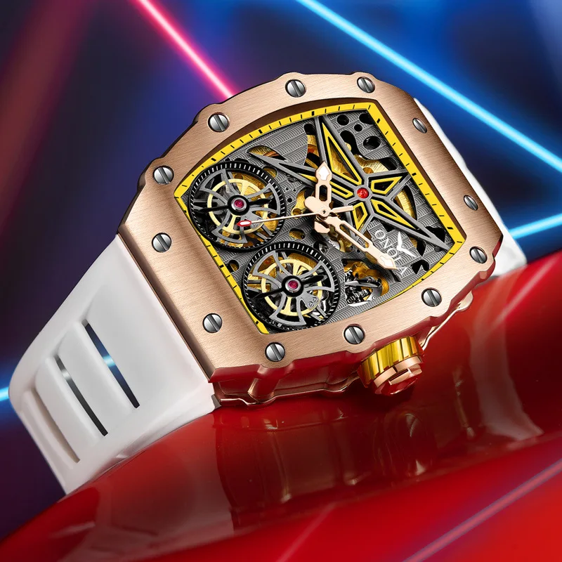 The Tonneau Automatic Mechanical Men Hollow out Dial Watches Silicone Band Fashion Casual Mechanical Watch Relogio Masculino
