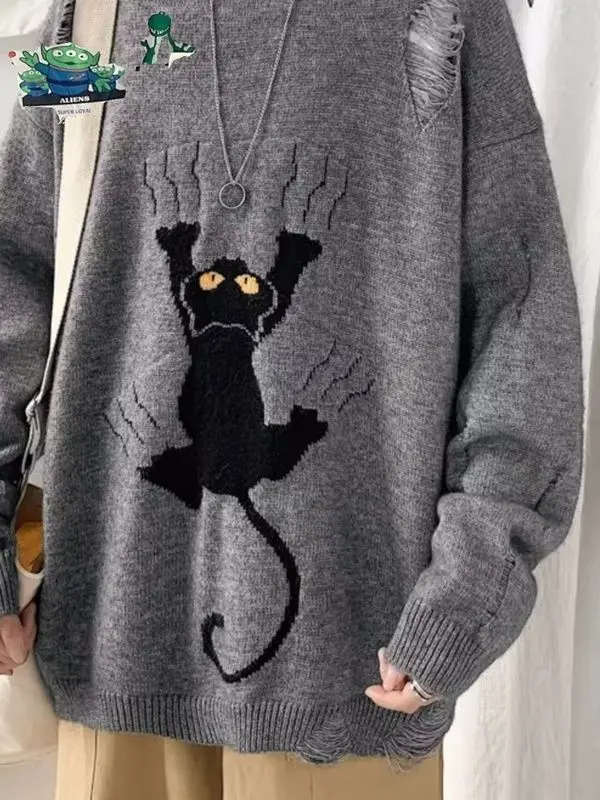 American Retro Cartoon Cat Design Hole Sweaters Oversized Pullovers Men Unisex Fashion Winter Knitted Jumper Tops Kawaii Clothes