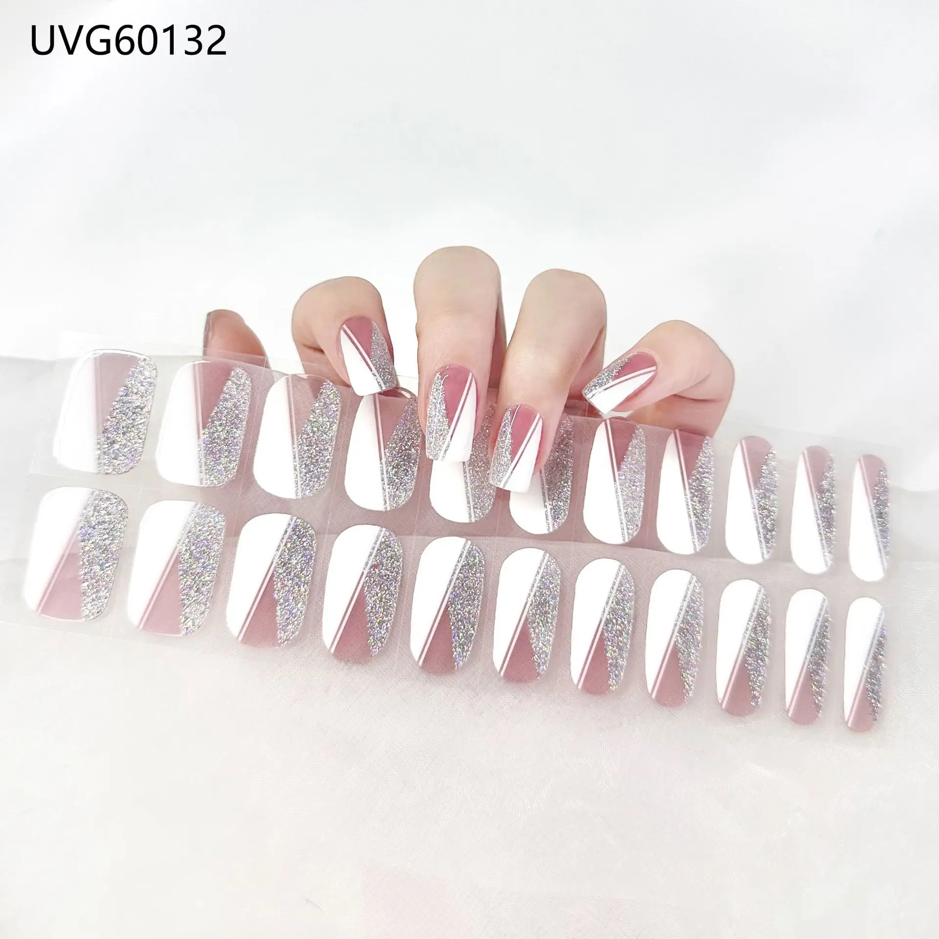 Pearl Lustre Rosa Glitter Semi Cured Gel Nail Strip Sticker UVLED Lâmpada Cured Aurora Nail Gel Polish Wraps Full Cover Nail Decals