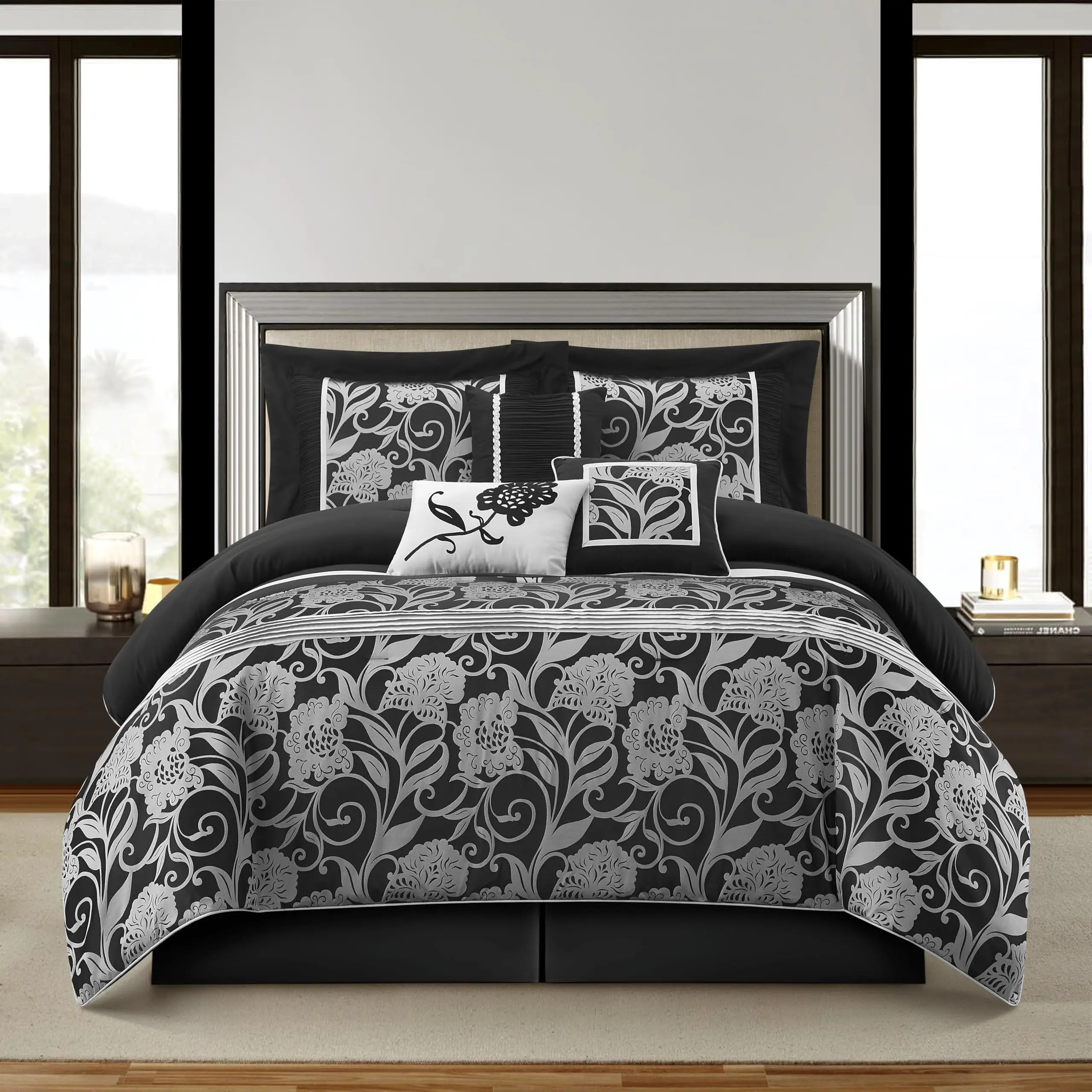 Black Sliver Comforter Set California King Size, 7 Piece Jacquard Floral Bedding Set, All Season, Ultra-Soft, Matching
