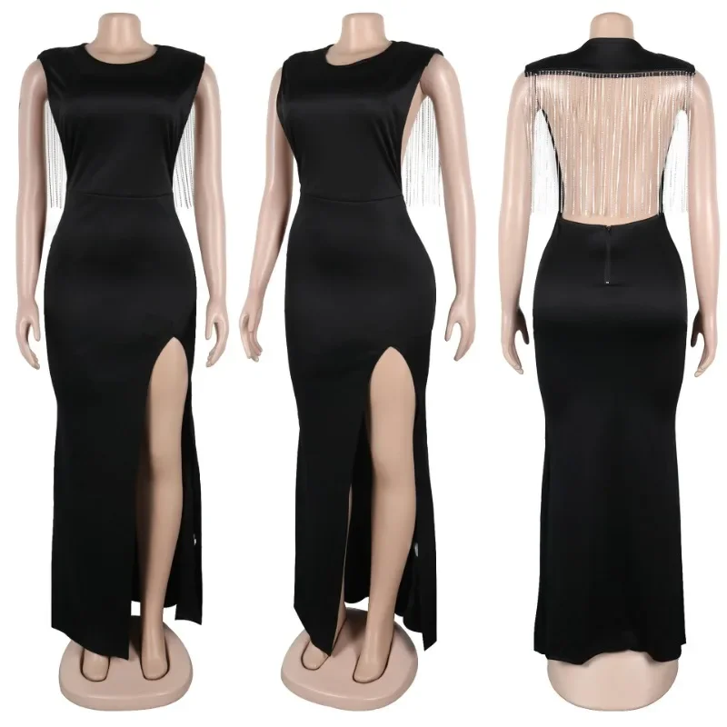 كريستال الماس سلسلة عارية الذراعين ضيف عشاء فستان المرأة مساء ملهى ليلي المشاهير حفلة فساتين طويلة أنيقة Vestidos Longos