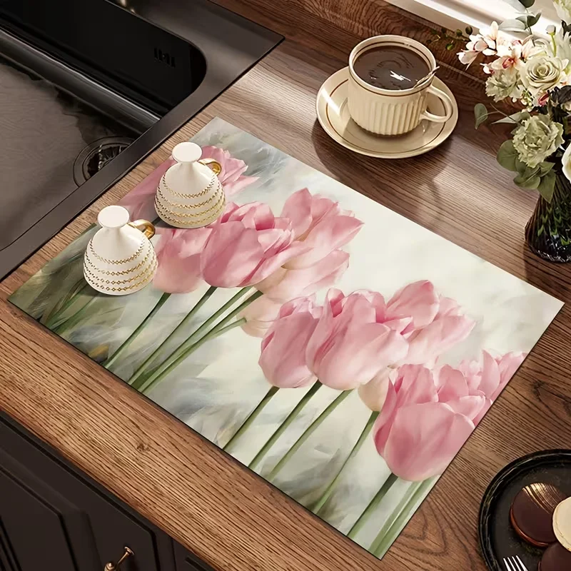 Pink Rose, Green Leaf Pattern White Floral Mat Kitchen Countertop Mat Coffee Tables Dining Rooms Living Rooms Decorative Mats