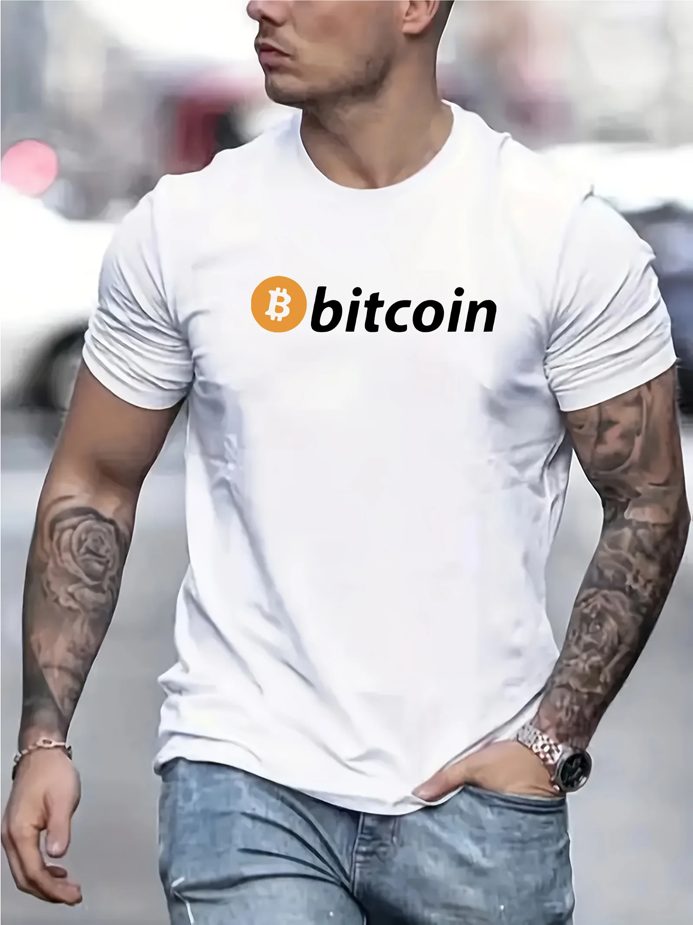 

Men's Bitcoin Monogram Print T-Shirt - Black with White Lettering, Short Sleeve Crewneck Casual Top,