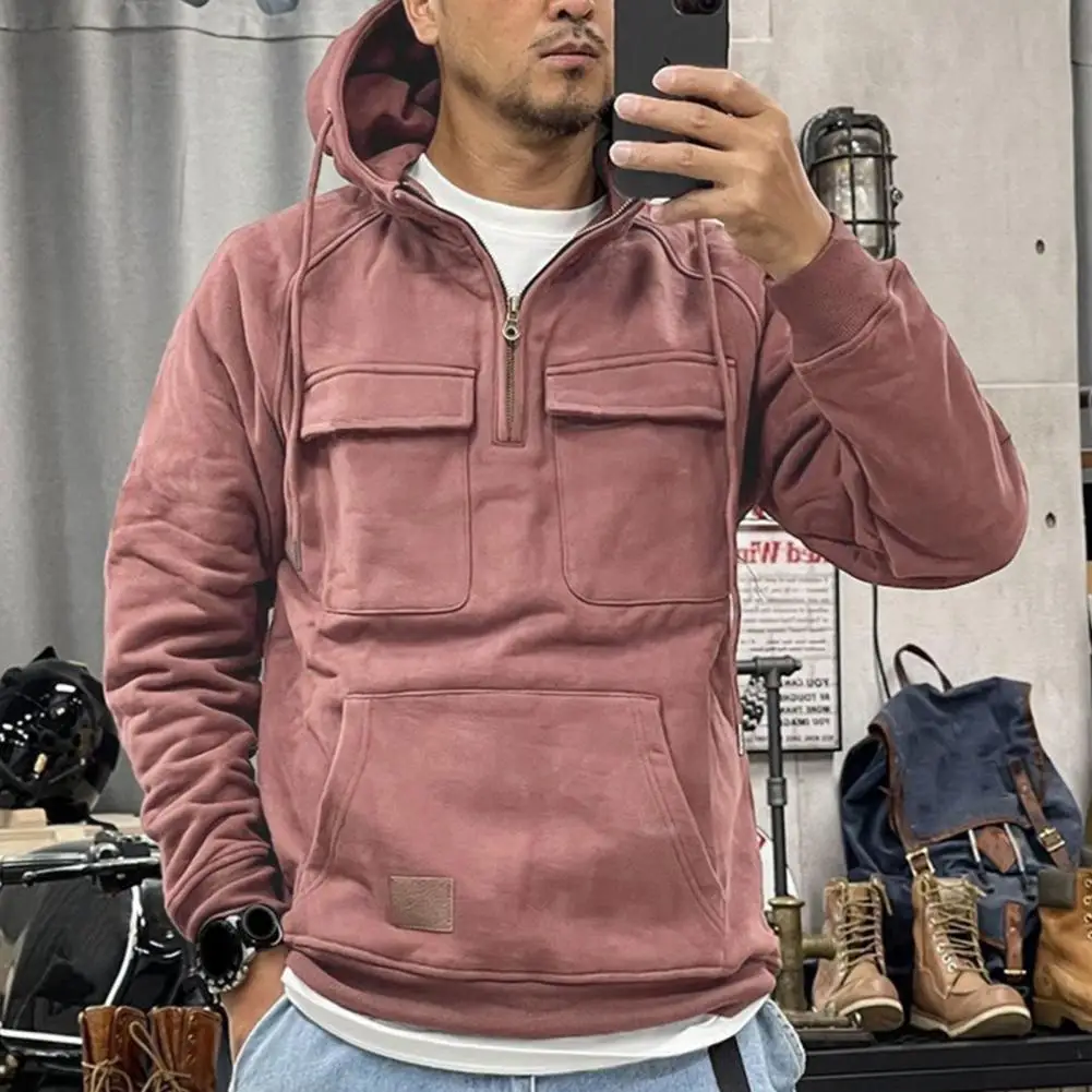 Men Fall Winter Hoodie Drawstring Solid Color Loose Long Sleeve Big Patch Pocket Half Zipper Elastic Cuff Men Pullover Top