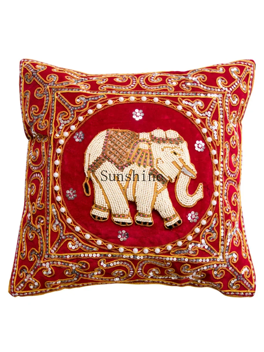 South East Asia style fabric throw pillow, handmade embroidered bead elephant waist pillow, household sofa cushion with core