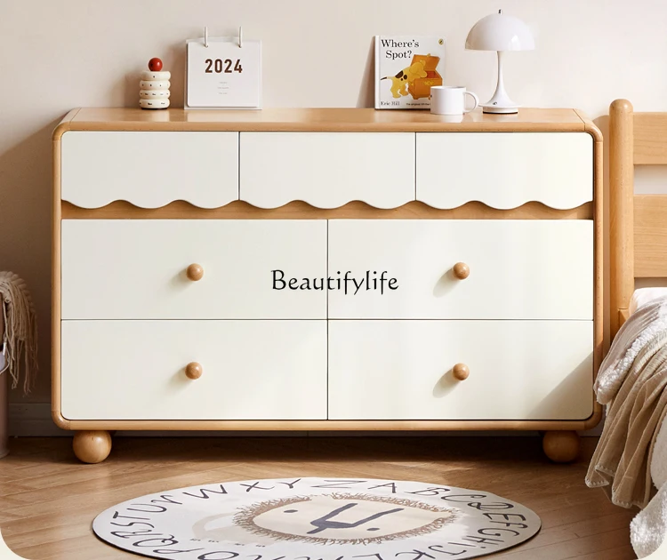 

Solid Wood Simple Bedroom and Household Seven Buckets Chest of Drawer Cream Style White Storage Cabinet