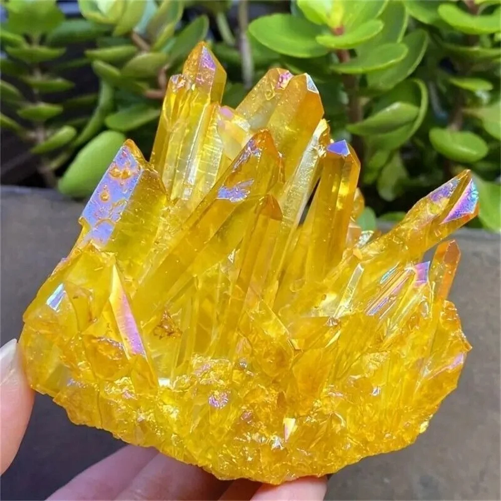 Natural Healing Gemstone Crystal Irregular Electroplating Yellow  Aura Quartz Crystals Cluster Raw Stone Hand craft Deco