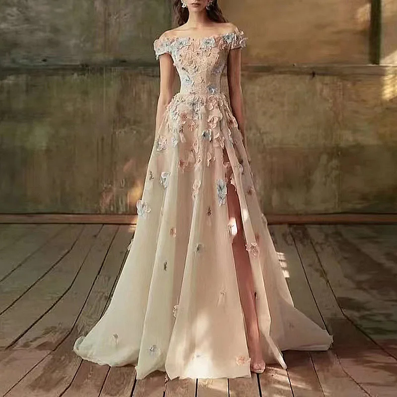 

3D Flowers Long Prom Dresses for Women Floor-Length A-Line Side Slit Special Events Wedding Gala Evening Graduation Gown 2023