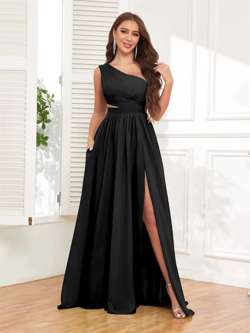 Vestidos de dama de honra plissados com Split Side, sem mangas Backless Evening Gowns, A line Long Ball Gowns, elegante