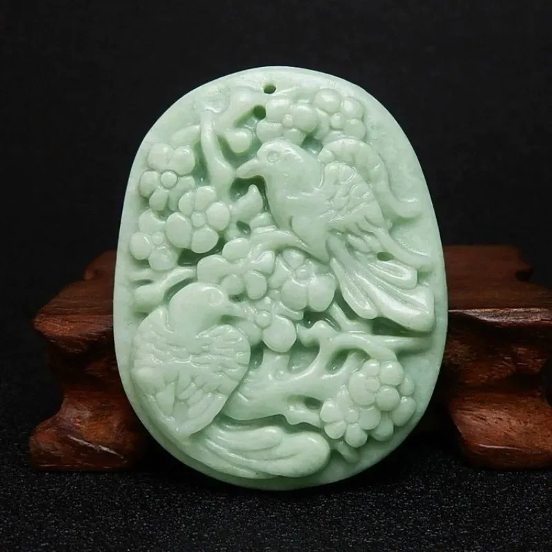 

Natural Bean Green Handmade Carved Plum Blossom Jade Pendant, Fashionable Boutique Jewelry, Men's and Women's Magpie Necklace