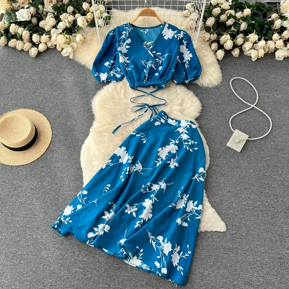 Women Summer Floral Sets Sexy V Neck Tops+ Long Print Long Skirt Design Beach Suit Holiday Elastic Waist Two Piece Set