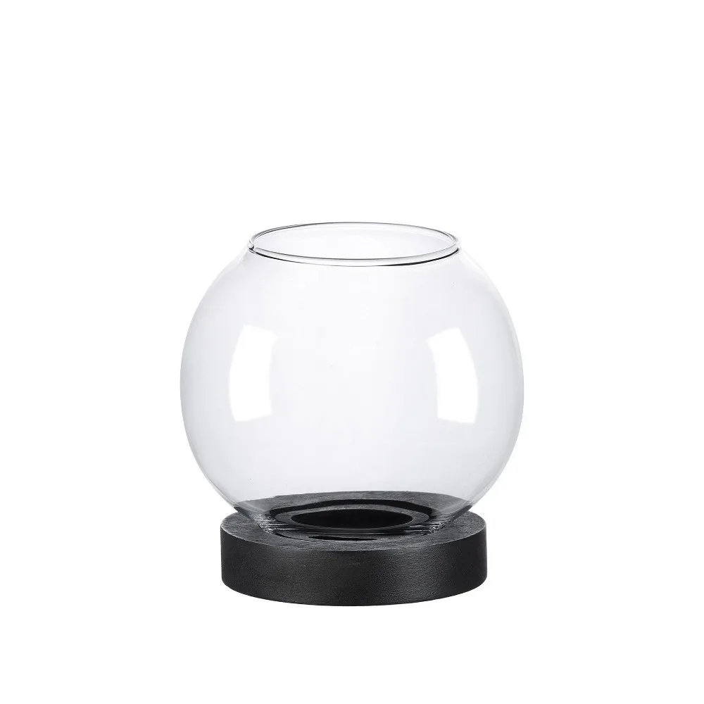 Ins Transparent Candle Holder Glass with Wooden Base Candlesticks Oil Lamp Shape Round Tealight Wedding Party