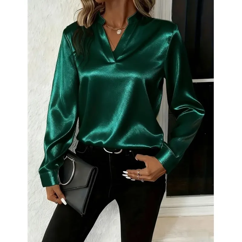 Simples elegante camisa feminina primavera outono cetim cor sólida com decote em v manga comprida camisa solta blusa deslocamento para roupas femininas