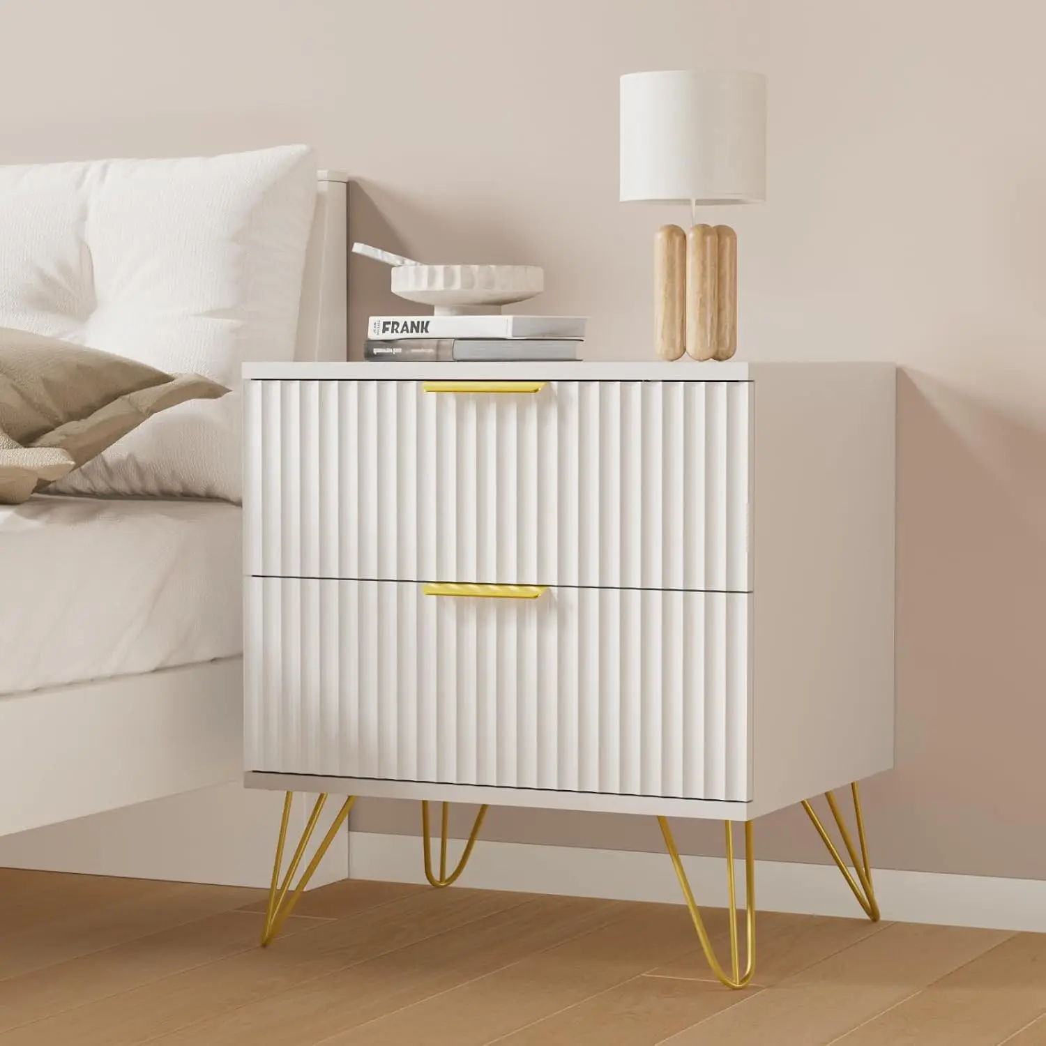 White Nightstand Set of 2 with 2 Drawers & Golden Legs, Bedside Table with Handles for Bedroom Living Room, Customized