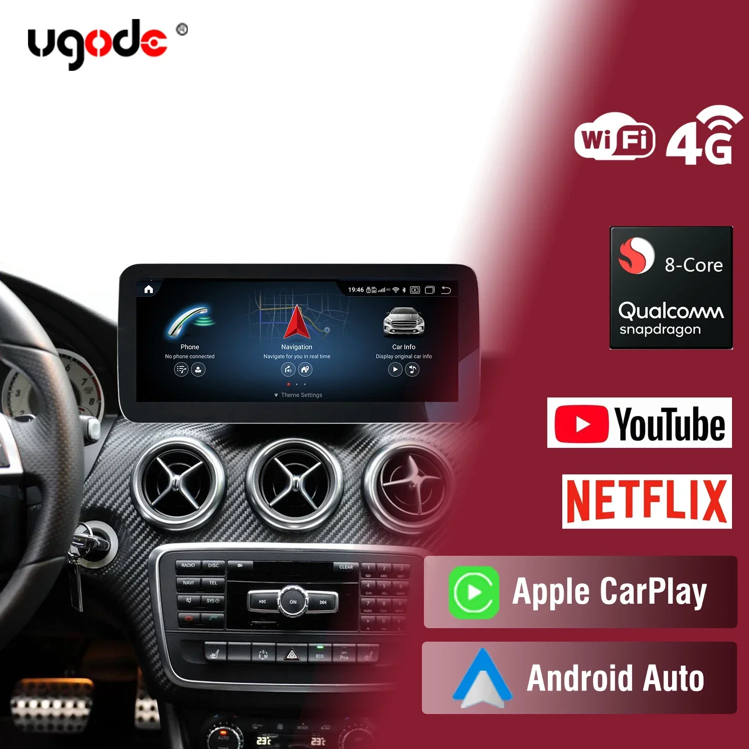 Ugode Wireless Carplay Android Auto 12.3inch Touch screen Multimedia Radio Receiver for Mercedes Benz GLA/CLA/A W176 W117 X156