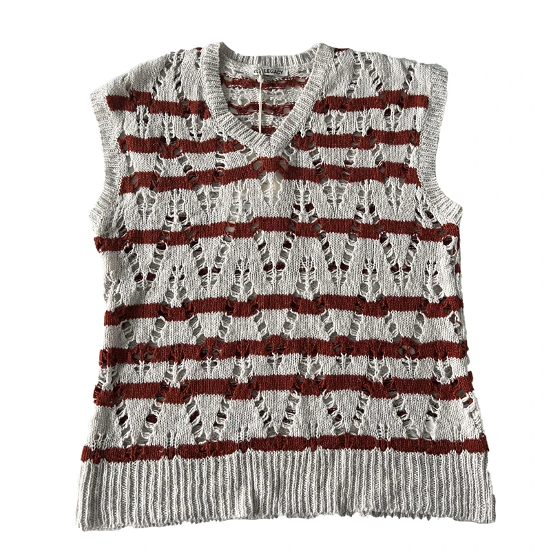 

High Street Our Legacy Red and White Striped Sleeveless Knitted Vest Men Women Openwork Loose Sweater