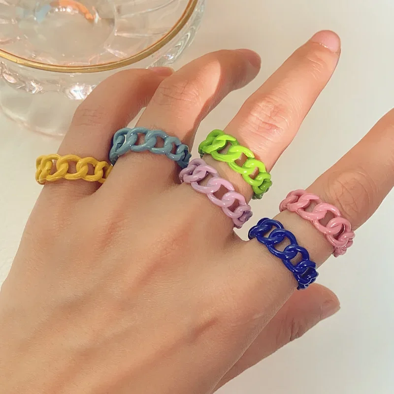 Minar Minimalist Colorful Hollow Cuban Chain Rings for Women Neon Green Purple Yellow Metallic Spray Chunky Linked Ring Jewelry