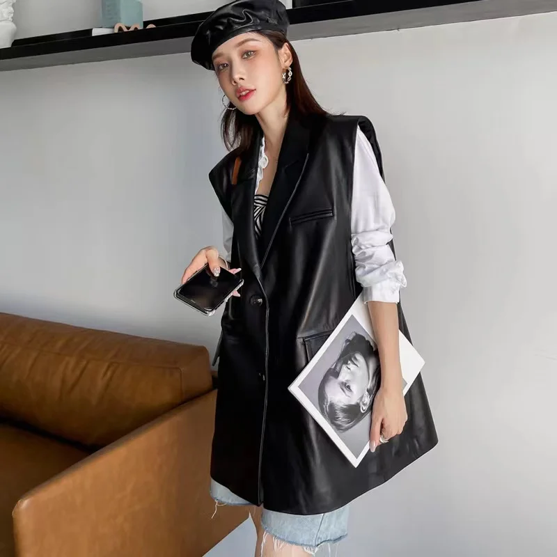 Leather Waistcoat Women Suit Lapel Two Buttons Sheepskin Sleeveless Vest Jacket Men's and Women's Matching Clothes Yelek Kadın