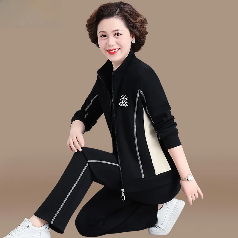 

Chic Sportswear Set for Middle-Aged Mothers Casual Women's Sle Autumn Faion Outerwear Tee-Piece Set Polyester Fiber
