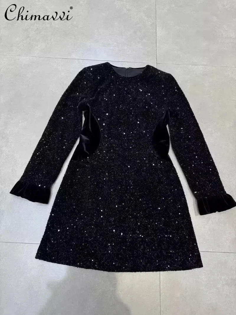 

European Station 2025 Spring New European High-end Foreign Style Sequins Fashion and Versatile Waist Skinny Dress For Women